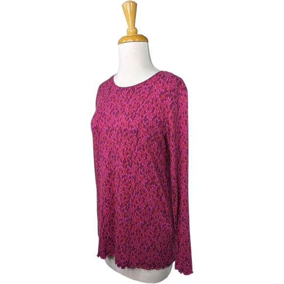 Gudrun Sjoden Pullover Top Medium Purple Pink Leaves Print Lettuce Hem Long Slee - Picture 14 of 14
